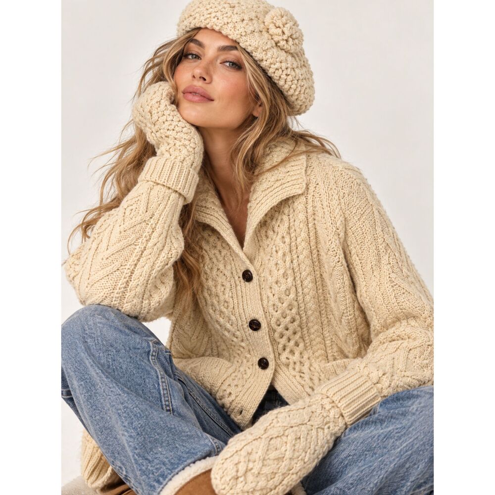 Vintage Gaeltarra Aran 100% Wool Hand Knit Fisherman Cardigan Hat Mittens Set